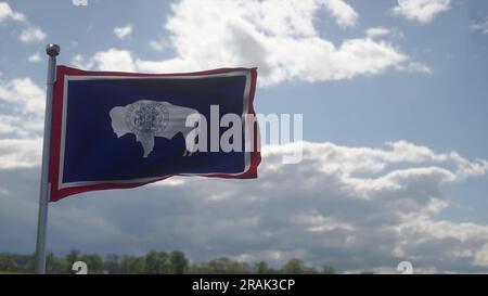 Drapeau du Wyoming sur un mât ondulant dans le vent, fond de ciel bleu. illustration 3d. Banque D'Images