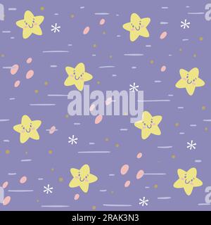 Motif sans couture Happy Stars. Fond carré violet avec de jolies étoiles. Décoration de pépinière. Répétition vectorielle. Illustration de Vecteur