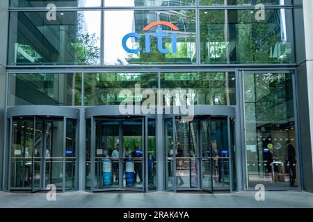 Londres - juin 2023 : bâtiment du siège de Citigroup Inc à Canary Wharf, une banque d'investissement américaine et une société de services financiers Banque D'Images