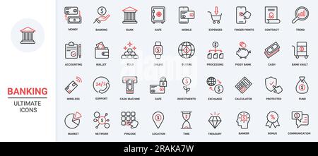 Les icônes rouges noires en forme de ligne fine définissent la finance, le service d'analyse comptable et les analyses, le compte bancaire, la croissance des bénéfices monétaires, l'illustration vectorielle de la recherche de données boursières linéaires Illustration de Vecteur