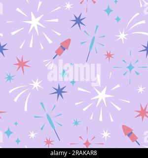 Motif de fête sans coutures. Feux d'artifice, feux d'artifice et étoiles répètent le motif sur fond violet clair. Illustration vectorielle. Illustration de Vecteur