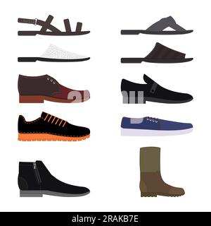 Ensemble de chaussures pour homme. Illustrations vectorielles. Chaussures, pantoufles, sandales, baskets. Illustration de Vecteur