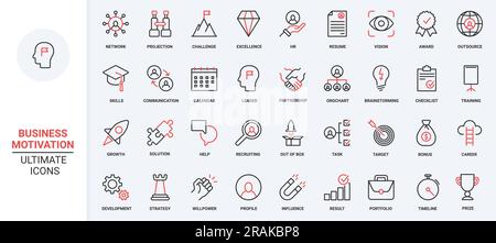 Icônes rouges noires fines représentant les défis commerciaux et la motivation pour la croissance de carrière, les ambitions et les risques professionnels, le leadership de réussite et les projets de financement de lancement. Illustration de Vecteur