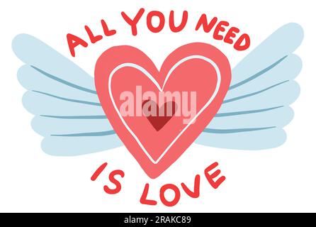 Coeur avec ailes blanches. Symbole Cupidon avec un joli lettrage isolé sur fond blanc Illustration de Vecteur