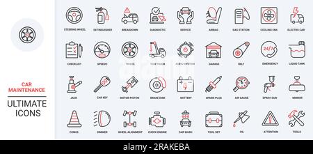 Équipement de garage d'atelier, outils mécaniques pour réparer le moteur, changer les pneus, signalisation de sécurité routière et illustration du vecteur d'appel d'urgence. Icônes à lignes fines rouges noires tendance pour le service d'entretien de voiture. Illustration de Vecteur
