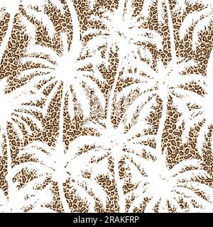 Motif paume sans couture. Imprimé léopard. Patrères répétées de palmiers. Silhouette d'arbre à noix de coco. Arrière-plan moderne de la zone des animaux. Répétition de la conception. Été Illustration de Vecteur