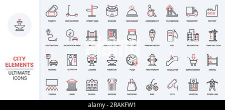 Bâtiment public, infrastructure et installations tendance rouge noir lignes fines icônes définir illustration vectorielle. Gratte-ciels, symboles de transport et de commerce dans les zones résidentielles et récréatives, paysage urbain. Illustration de Vecteur