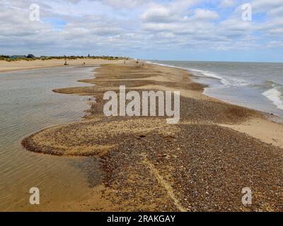 Walberswick, Suffolk - 3 juillet 2023 : chaud après-midi d'été sur la côte anglaise. La vaste plage de sable propre de Southwold. Banque D'Images