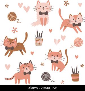 Le chat présente un motif sans couture dans différentes poses. Chat mignon avec coeurs, plantes et laine isolés sur fond blanc. Décoration de pépinière. Répétition carrée Illustration de Vecteur