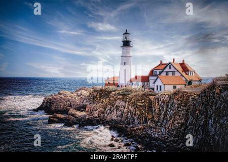 Le stand du phare de Portland Head exposé sur la côte du Maine. Banque D'Images