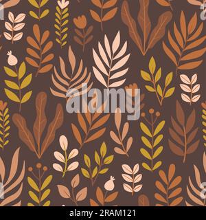 Motif branches chaudes sans coutures. Jolies branches et fleurs isolées sur fond marron. Motif de répétition carré. Illustration vectorielle. Illustration de Vecteur