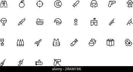 Jeu d'icônes militaires, militaires, de contour de guerre. Illustration vectorielle d'équipement militaire, d'outils, d'aides et d'appareils Illustration de Vecteur