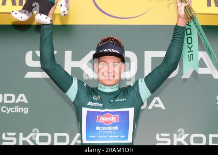 Jasper Philipsen Belgique Alpecin Deceuninck remporte désormais le maillot vert de la compétition de points de tête Banque D'Images