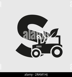 Concept de logo « lettre S Agriculture » avec modèle vectoriel d'icône de tracteur. Symbole ECO Farm Illustration de Vecteur