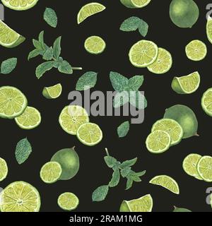 Tranches de citron vert frais et feuilles de menthe verte isolées sur fond noir. Modèle sans couture aquarelle pour textile, décoration de pièce, emballage d'impression, scrapbook. Banque D'Images