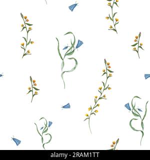 Motif floral sans couture avec des fleurs abstraites jaunes et bleues. Délicates plantes de prairie sauvage isolées sur fond blanc. Illustration à l'aquarelle Banque D'Images