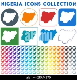 Collection d'icônes Nigeria. Icônes de carte branchées colorées et lumineuses. Badge Nigeria moderne avec carte du pays. Illustration vectorielle. Illustration de Vecteur