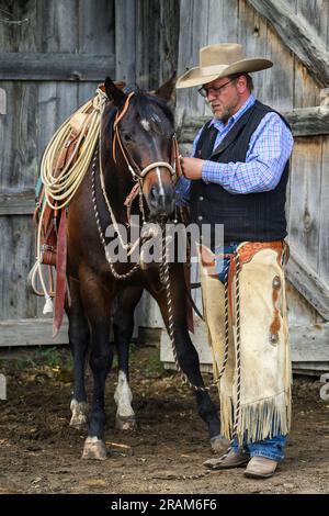 Chance d'ajuster la prise sur son cheval; Dennis Ranch, Red Owl, Dakota du Sud. Banque D'Images