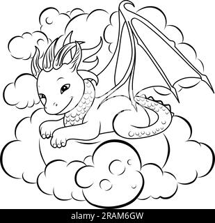 Mignon dragon dormant dans le nuage.dreamy.simple ligne illustration pour coloriage.Dragon année 2024 page de coloriage Illustration de Vecteur