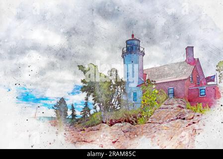 Aquarelle créée numériquement du phare d'Eagle Harbor. Pur Michigan Banque D'Images