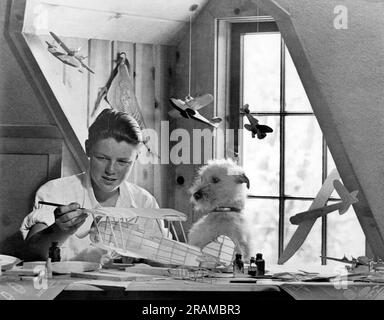 États-Unis: c. 1953 Un garçon construisant un avion modèle en bois pendant que son chien regarde. Banque D'Images