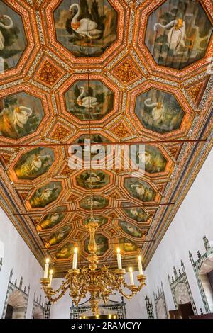 Le Swan Hall ou le Grand Hall avec des panneaux de plafond décorés peints avec des cygnes couronnés au Palais national de Sintra, au Portugal. Les palais architecturaux et de conte de fées Romanticistes attirent des touristes du monde entier. Banque D'Images