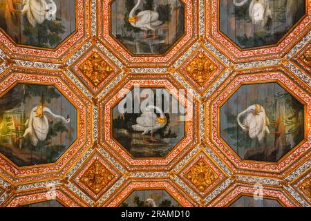 Le Swan Hall ou le Grand Hall avec des panneaux de plafond décorés peints avec des cygnes couronnés au Palais national de Sintra, au Portugal. Les palais architecturaux et de conte de fées Romanticistes attirent des touristes du monde entier. Banque D'Images