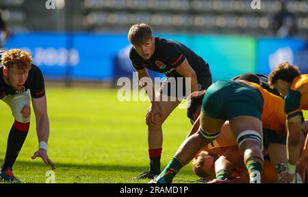 Cape Town, AFRIQUE DU SUD - Mardi 04 juillet 2023, Charlie Bracken, la moitié anglaise de l'Angleterre, lors du championnat du monde de rugby U20 entre l'Australie et l'Angleterre au stade Athlone à Cape Town, Afrique du Sud. Banque D'Images