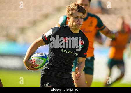 Cape Town, AFRIQUE DU SUD - Mardi 04 juillet 2023, Charlie Bracken, d'Angleterre, lors du championnat du monde de rugby U20 entre l'Australie et l'Angleterre, au stade Athlone du Cap, en Afrique du Sud. Banque D'Images