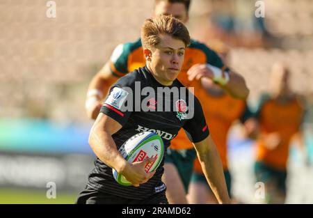 Cape Town, AFRIQUE DU SUD - Mardi 04 juillet 2023, Charlie Bracken, d'Angleterre, lors du championnat du monde de rugby U20 entre l'Australie et l'Angleterre, au stade Athlone du Cap, en Afrique du Sud. Banque D'Images