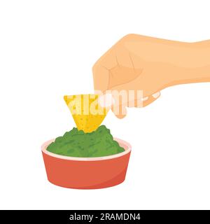 trempant à la main nacho dans le bol avec illustration de vecteur de guacamole Illustration de Vecteur