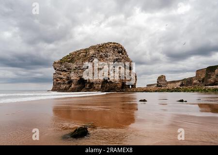 Marsden Rock à Marsden Bay, South Shields, avec marée arrivant lentement. Banque D'Images