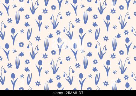 Printemps bleu, motif de Pâques sans couture avec jonquilles, gouttes de neige, tulipes, pâquerettes fleurs - illustration vectorielle Illustration de Vecteur