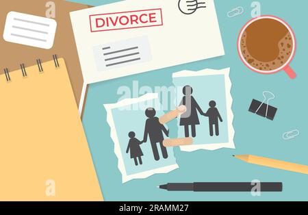 photo de famille déchirée, lettre de divorce, concept de problèmes conjugaux, séparation; composition de la pose plate - illustration vectorielle Illustration de Vecteur