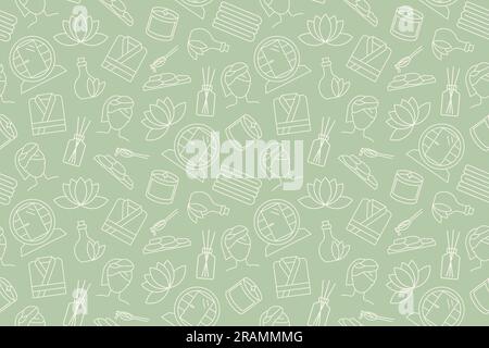 schéma sans couture avec sauna, icônes de spa : sauna cylindrique, pierres chaudes, peignoir, serviettes, femme avec serviette turban, huile essentielle, bougie, huile de massage vecto Illustration de Vecteur