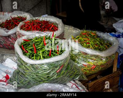 Dans un marché de rue animé de Bangkok, Thaïlande, des sacs de grande taille à bord avec des fruits de piment épicés dans les tons de rouge, vert et orange, créant un et vif Banque D'Images