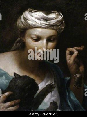 Fille avec un chat 1700 par Giuseppe Maria Crespi Banque D'Images