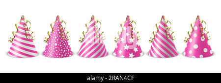Vector 3D Realistic Pink and White Birthday Party Icon Set isolé sur fond blanc. Modèle de création de plafond de fête pour bannière de fête, carte de vœux Illustration de Vecteur
