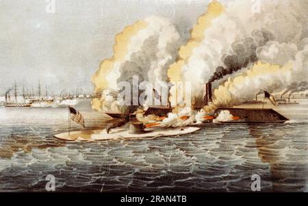 Combat formidable entre les 2 canons « Monitor » et les 11 canons « Merrimac » de Hampton Roads 9 mars., 1862 1862 par Currier et Ives Banque D'Images