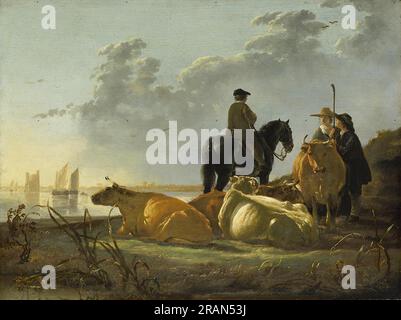 Les paysans et le bétail au bord de la rivière Merwede par Aelbert Cuyp Banque D'Images