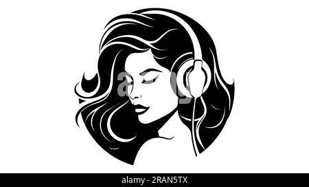 Le logo de la fille. Silhouette noire de fille écoute de la musique sur des écouteurs. Vue avatar musicien. Illustration de Vecteur