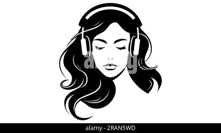 Le logo de la fille. Silhouette noire de fille écoute de la musique sur des écouteurs. Vue avatar musicien. Illustration de Vecteur