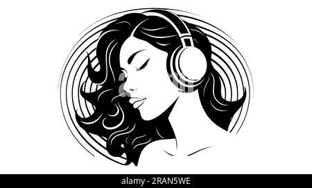 Le logo de la fille. Silhouette noire de fille écoute de la musique sur des écouteurs. Vue avatar musicien. Illustration de Vecteur