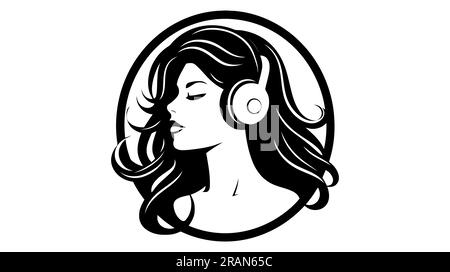 Le logo de la fille. Silhouette noire de fille écoute de la musique sur des écouteurs. Vue avatar musicien. Illustration de Vecteur