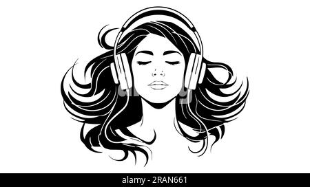 Le logo de la fille. Silhouette noire de fille écoute de la musique sur des écouteurs. Vue avatar musicien. Illustration de Vecteur