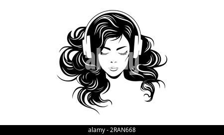 Le logo de la fille. Silhouette noire de fille écoute de la musique sur des écouteurs. Vue avatar musicien. Illustration de Vecteur