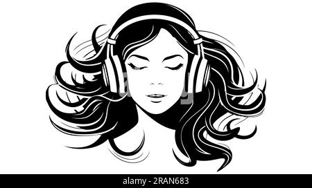 Le logo de la fille. Silhouette noire de fille écoute de la musique sur des écouteurs. Vue avatar musicien. Illustration de Vecteur