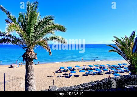 Lanzarote Îles Canaries Puerta del Carmen nageurs de plage principaux promeneurs baigneurs sous des parasols bleus et avec un ciel bleu profond et la mer Banque D'Images