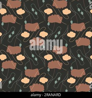 Motif sans couture avec des silhouettes brunes abstraites de fleurs de coquelicot sur noir Illustration de Vecteur