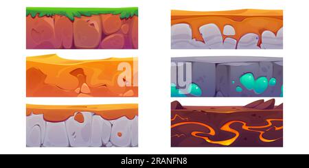 Texture de terrain de jeu de dessin animé sans couture de sol. Couche de terre souterraine avec l'herbe, la pierre et la surface de vecteur de lave illustration 2D. Conception d'interface nature pour ensemble de motifs de sol avec structure géologique Illustration de Vecteur